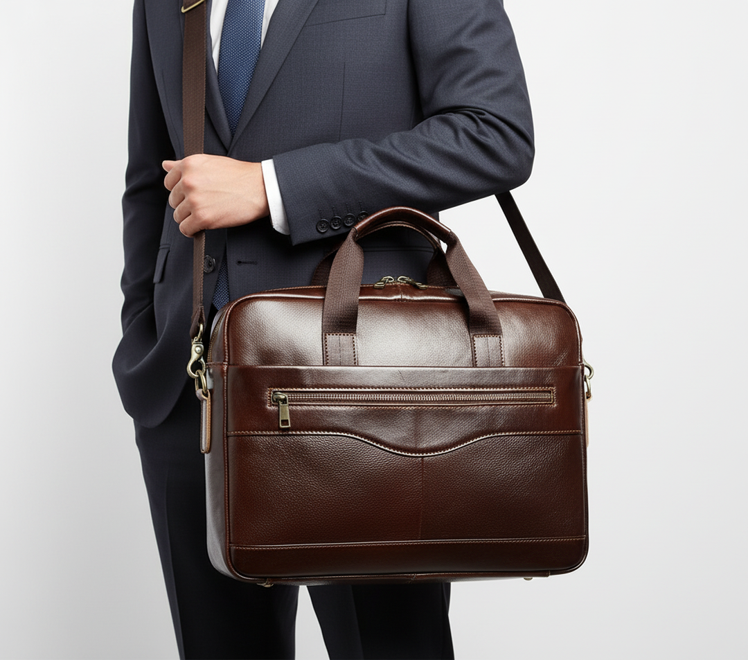 Praktisk läder datorväska för resor och arbete. Hållbar affärsväska för laptop och dokument med stil.