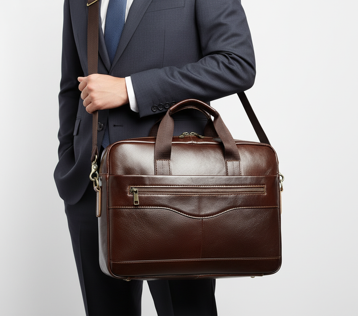 Praktisk läder datorväska för resor och arbete. Hållbar affärsväska för laptop och dokument med stil.
