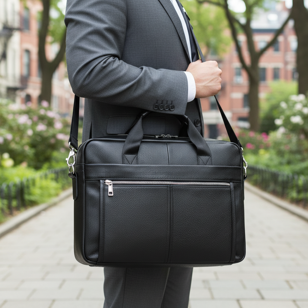 Elegant svart läderportfölj för laptop, perfekt som arbetsväska eller kontorsväska med stil.