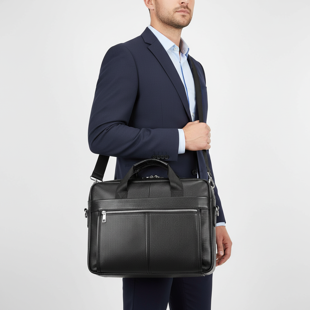 Svart läderportfölj för laptop, en elegant och praktisk kontorsväska med plats för dokument.