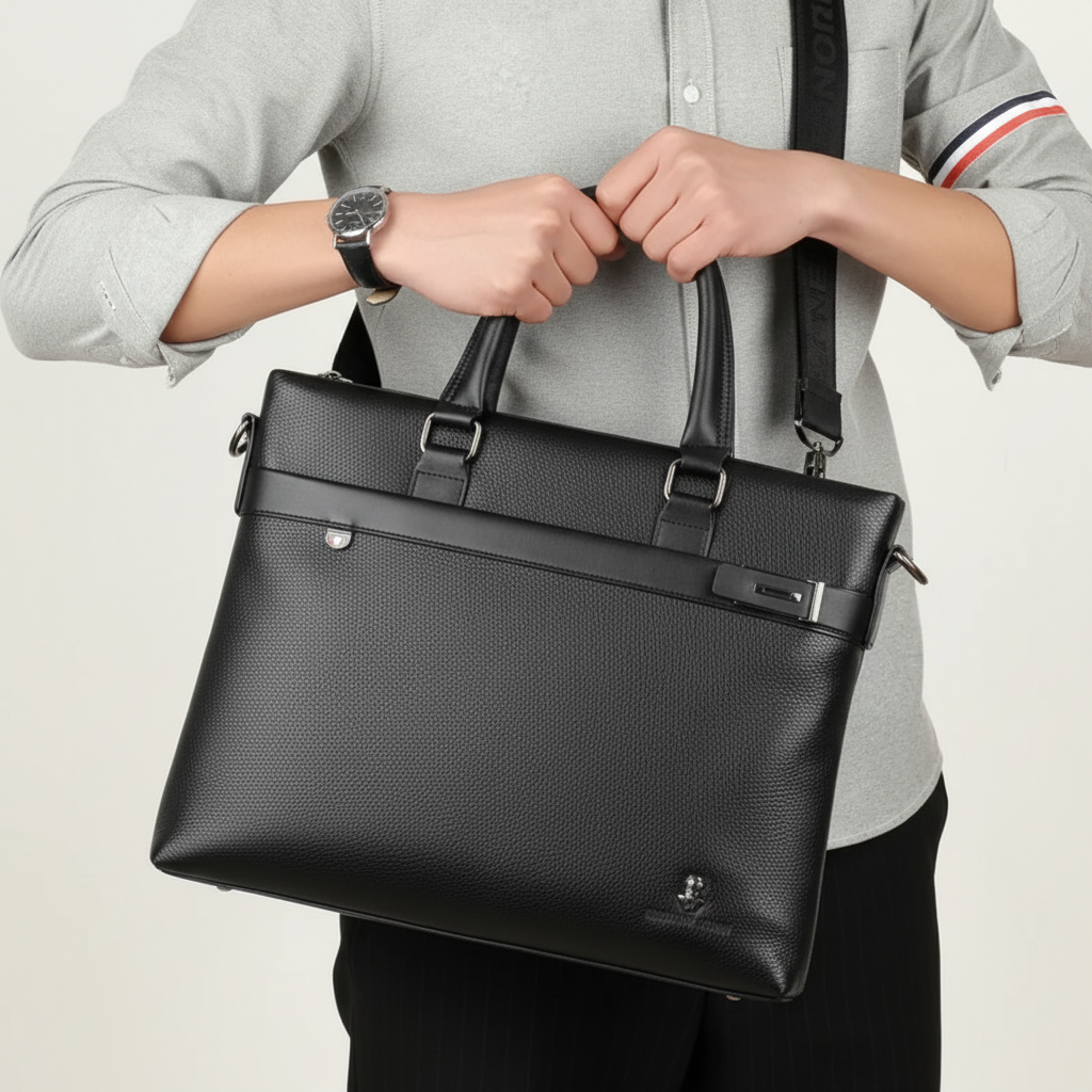 Snygg svart PU-laptopväska, stilren och professionell. Unisex arbetsväska med plats för laptop och mer.