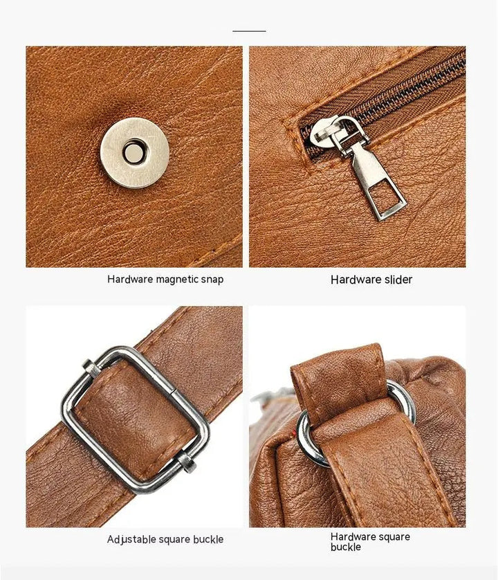 Detaljbild elegant svart messenger-väska. Visar textur och finish, en stilren damaccessoar.