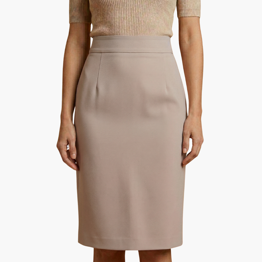 Elegant kvinnokjol: midi-lång pennkjol med hög midja. Perfekt för kontor, business och stilren vardagslook.