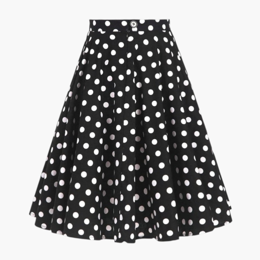 Elegant svart prickig högmidjad midikjol i A-linje för kvinnor, perfekt för vår och sommar.