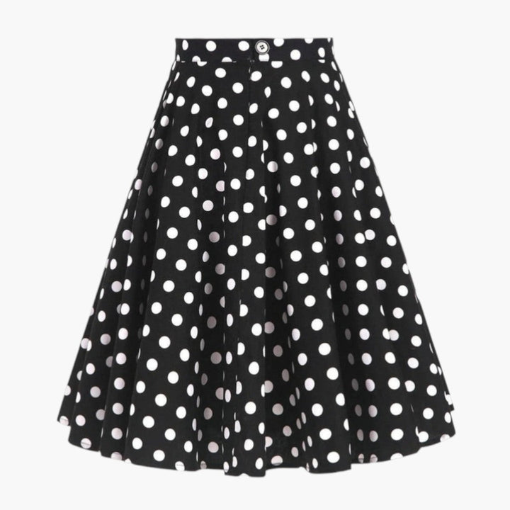 Elegant svart prickig högmidjad midikjol i A-linje för kvinnor, perfekt för vår och sommar.