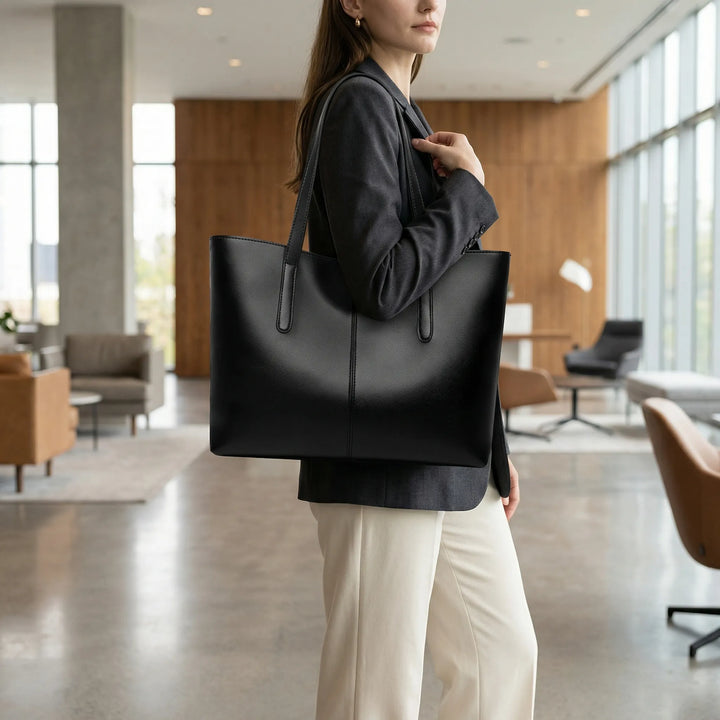 Elegant svart toteväska Jessy för kvinnor, perfekt vardags- & kontorsaccessoar. Stilren design med rymlig insida.