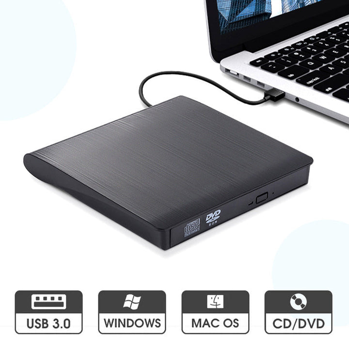 "Elegant svart/vit bärbar extern USB CD/DVD-enhet idealisk för resa, med kompakt design, passar i datorväska."