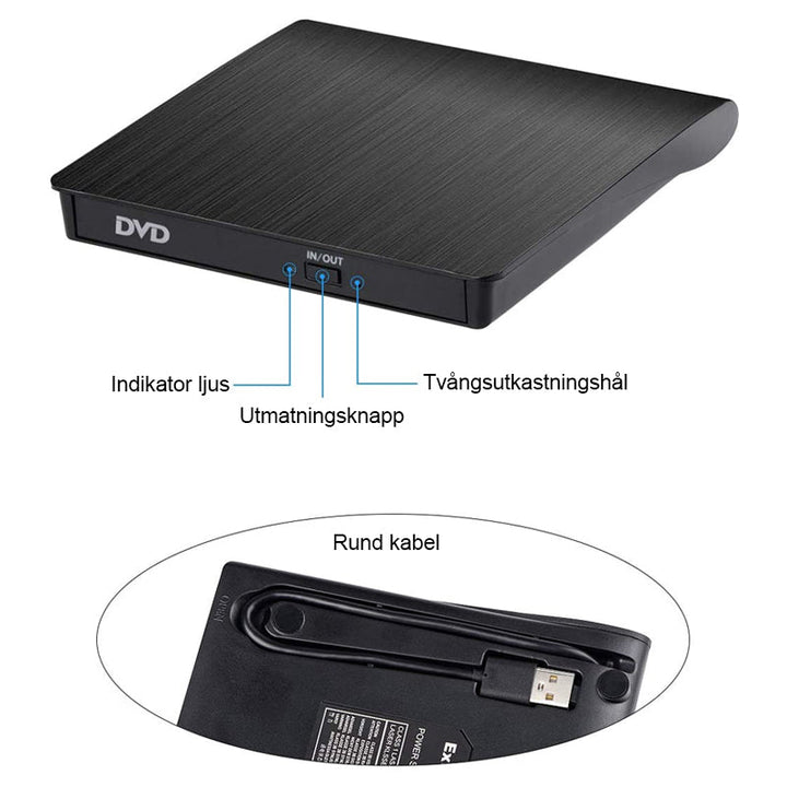 "Elegant svart/vit bärbar extern USB CD/DVD-enhet idealisk för resa, med kompakt design, passar i datorväska."