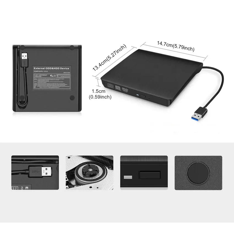 "Elegant svart/vit bärbar extern USB CD/DVD-enhet idealisk för resa, med kompakt design, passar i datorväska."