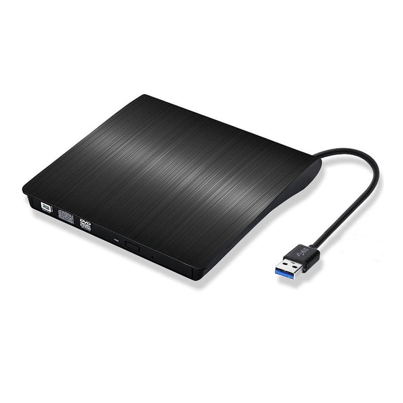"Elegant svart/vit bärbar extern USB CD/DVD-enhet idealisk för resa, med kompakt design, passar i datorväska."