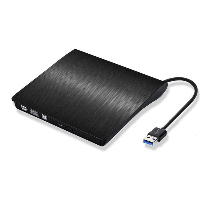 "Elegant svart/vit bärbar extern USB CD/DVD-enhet idealisk för resa, med kompakt design, passar i datorväska."
