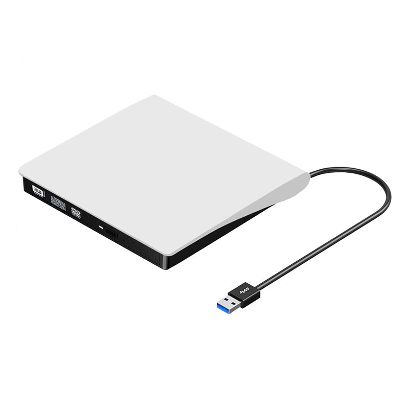"Elegant svart/vit bärbar extern USB CD/DVD-enhet idealisk för resa, med kompakt design, passar i datorväska."
