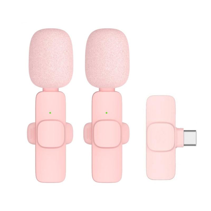 Elegant trådlös lavalier-mikrofon i rosa för mobil, levererar kristallklart ljud och omnidirektionell ljudupptagning för kreativa projekt.