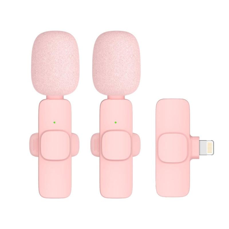 Elegant trådlös lavalier-mikrofon i rosa för mobil, levererar kristallklart ljud och omnidirektionell ljudupptagning för kreativa projekt.