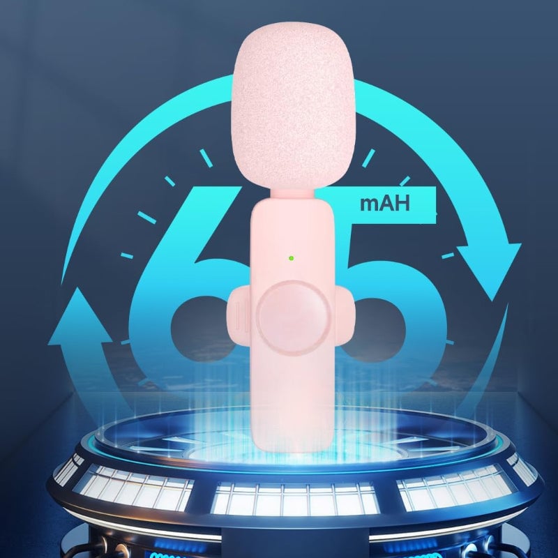 Elegant trådlös lavalier-mikrofon i rosa för mobil, levererar kristallklart ljud och omnidirektionell ljudupptagning för kreativa projekt.