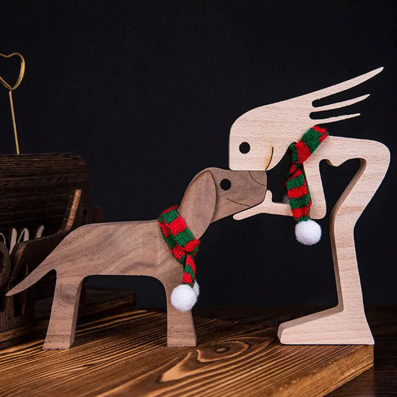 "Elegant träskulptur av djur och människor, hemmainredning i harmonisk stil, perfekt för hylla eller bord, ca 11x20 cm."