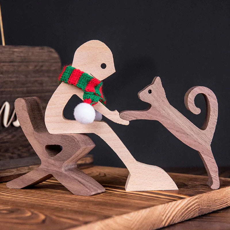 "Elegant träskulptur av djur och människor, hemmainredning i harmonisk stil, perfekt för hylla eller bord, ca 11x20 cm."