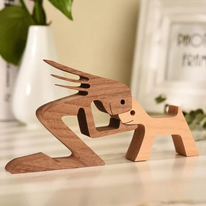 "Elegant träskulptur av djur och människor, hemmainredning i harmonisk stil, perfekt för hylla eller bord, ca 11x20 cm."