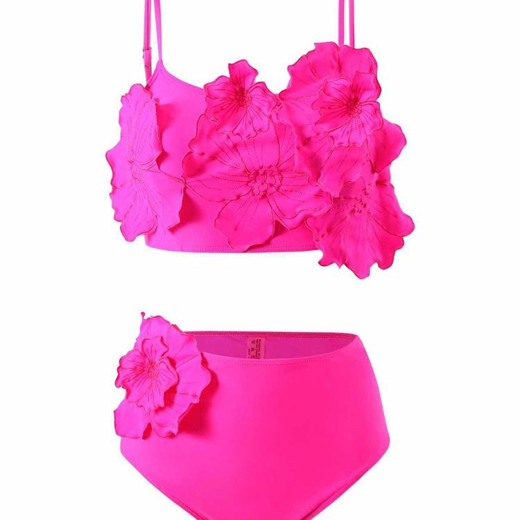 Elegant tvådelad dambikini med blommönster och hög midja, perfekt för strand och sommar.