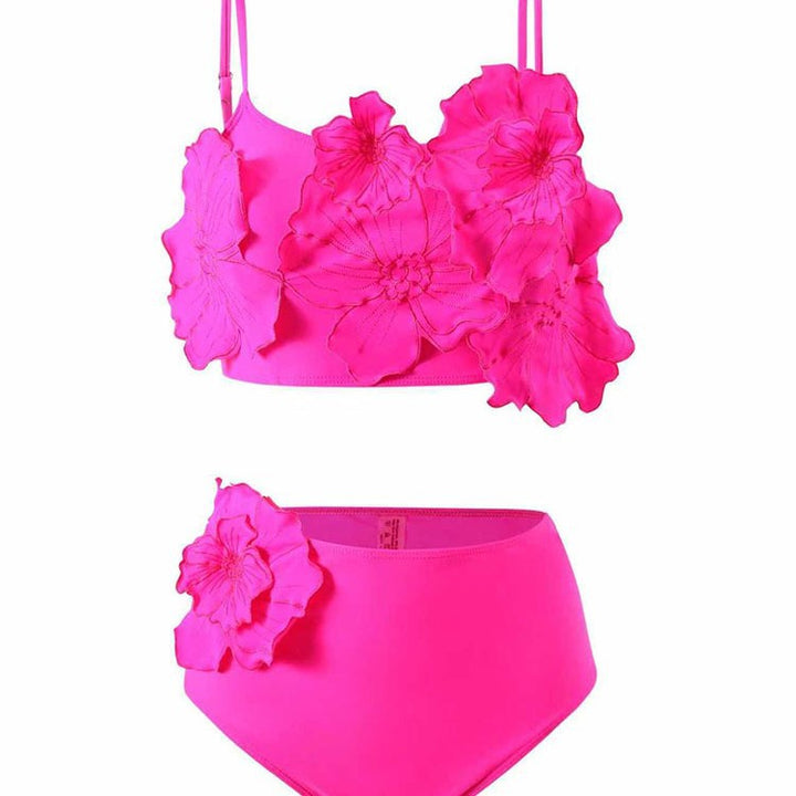 Elegant tvådelad dambikini med blommönster och hög midja, perfekt för strand och sommar.