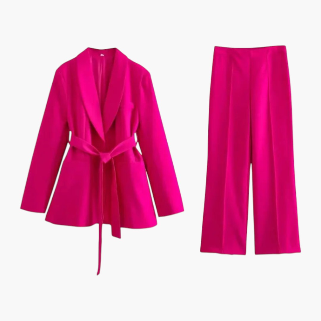 Elegant tvådelat set för kvinnor med blazer och vida byxor, perfekt för kontoret eller festliga tillfällen.