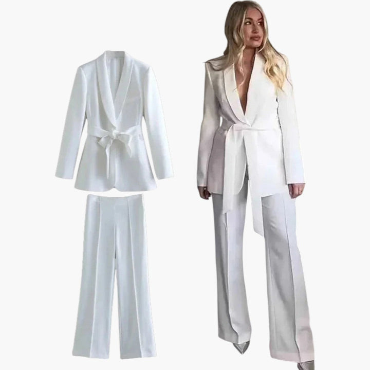 Modernt dammode: elegant blazer och vida byxor i ett tvådelat set. Perfekt för kontor och sommarfester.
