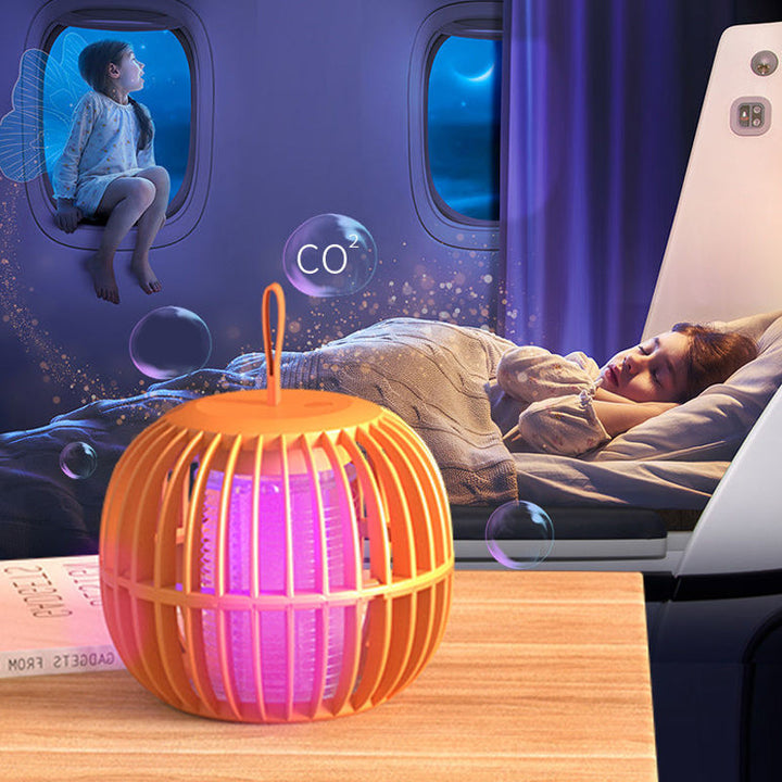 Elegant, tyst myggdödarlampa med USB-laddning, kompakt design och lila ljusfunktion. Perfekt för bord eller tält.