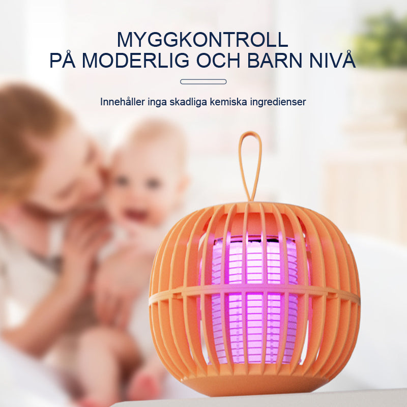 Elegant, tyst myggdödarlampa med USB-laddning, kompakt design och lila ljusfunktion. Perfekt för bord eller tält.