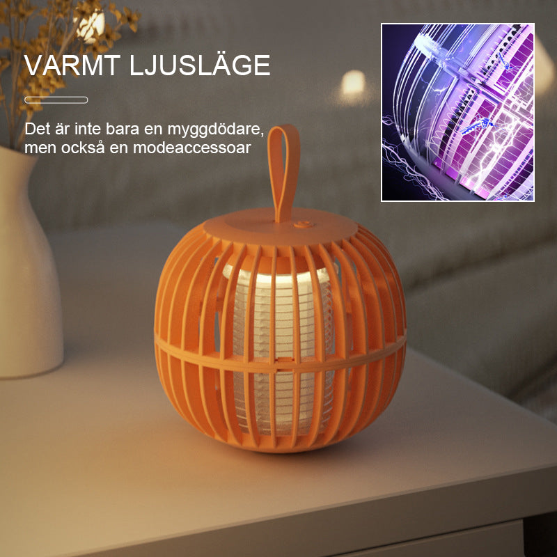 Elegant, tyst myggdödarlampa med USB-laddning, kompakt design och lila ljusfunktion. Perfekt för bord eller tält.