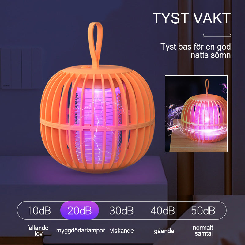 Elegant, tyst myggdödarlampa med USB-laddning, kompakt design och lila ljusfunktion. Perfekt för bord eller tält.