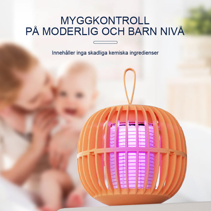 Elegant, tyst myggdödarlampa med USB-laddning, kompakt design och lila ljusfunktion. Perfekt för bord eller tält.