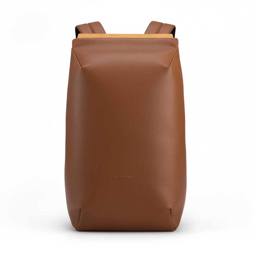 Man med elegant LeatherGuard läderryggsäck, perfekt för laptop och affärsmöten. Organiserad arbetsväska och affärsryggsäck.