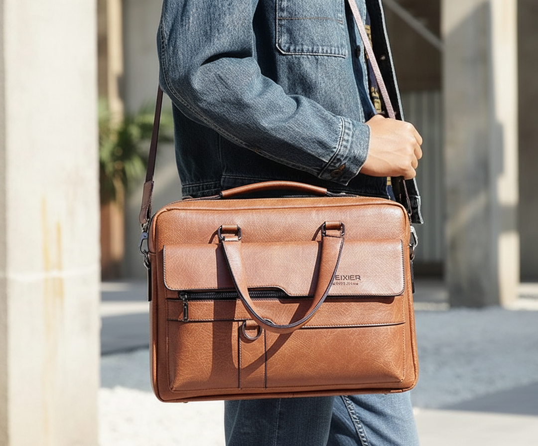 Elegant unisex laptopväska i retrostil för affärer, professionell look och organiserad förvaring.