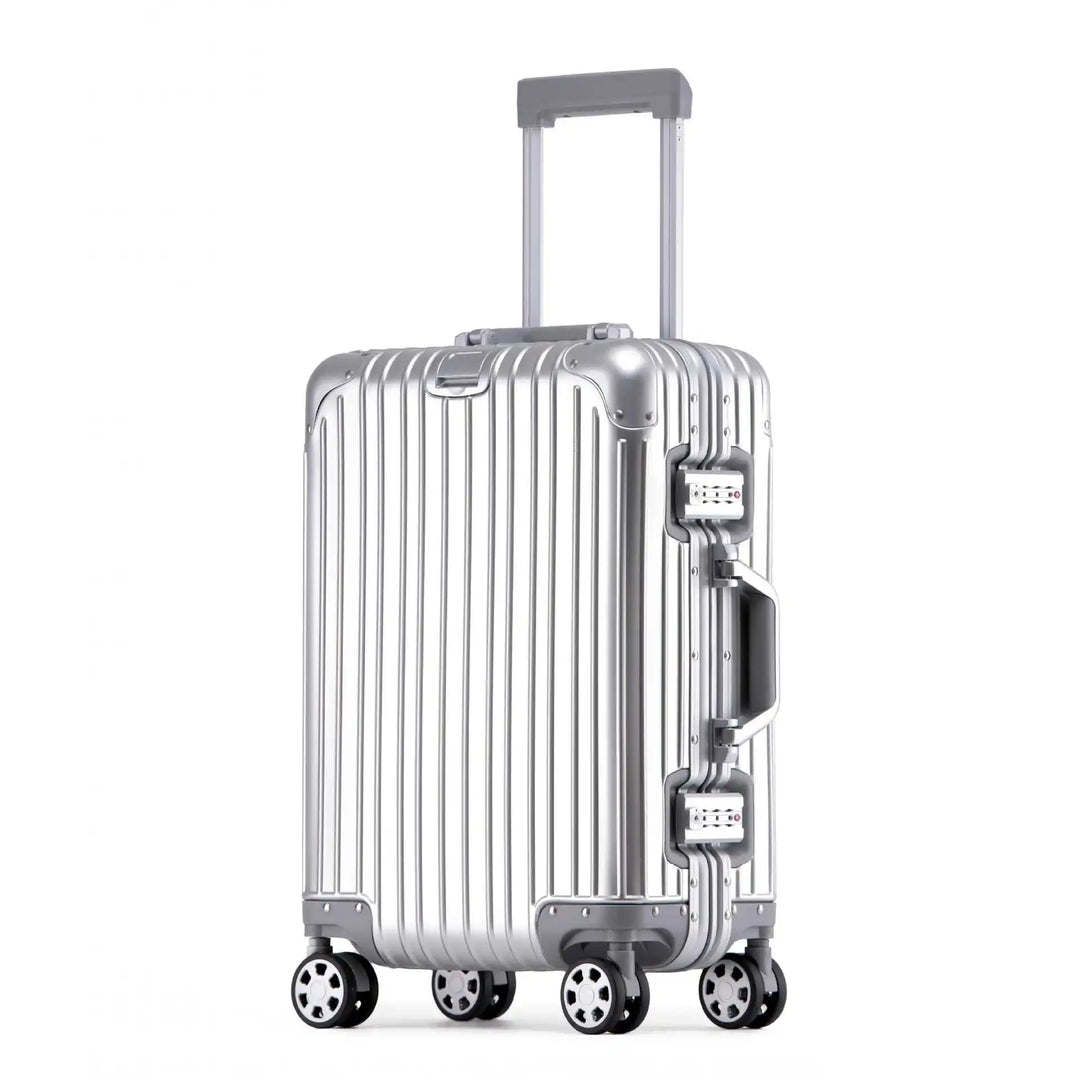 Slitstark hårdskalsresväska i aluminium/magnesium. Elegant lyxbagage med spinnerhjul för resande.