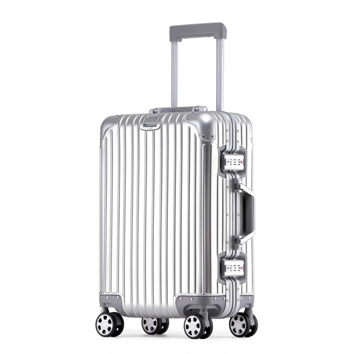 Slitstark hårdskalsresväska i aluminium/magnesium. Elegant lyxbagage med spinnerhjul för resande.
