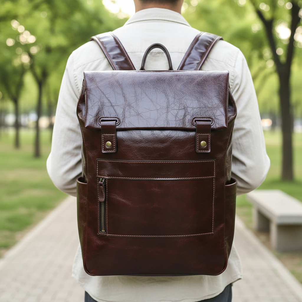 Elegant unisex ryggsäck i svart läder för laptop. Perfekt för arbete, resor och vardagsbruk.