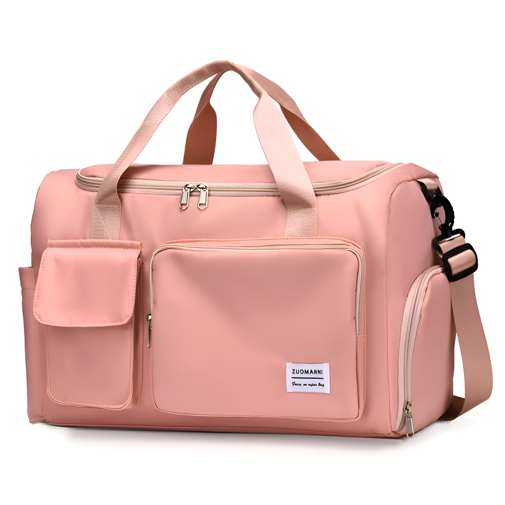 Elegant unisex resväska i närbild, visar detaljer av handtag och sömmar.