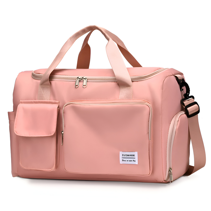 Elegant unisex resväska i närbild, visar detaljer av handtag och sömmar.