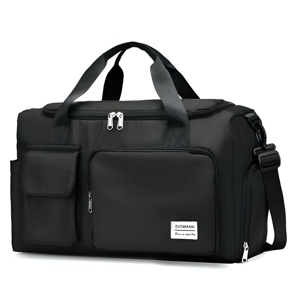 Stilren duffelväska stående på golv, en robust och elegant resebag.