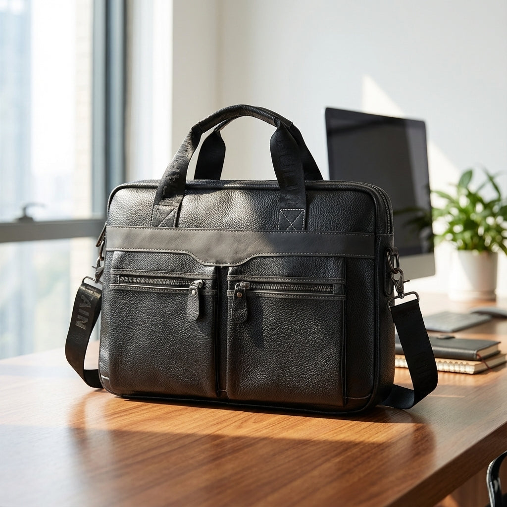 Elegant UrbanSling laptopväska i äkta läder för damer och herrar. Stilfull businessväska med skyddande fack.