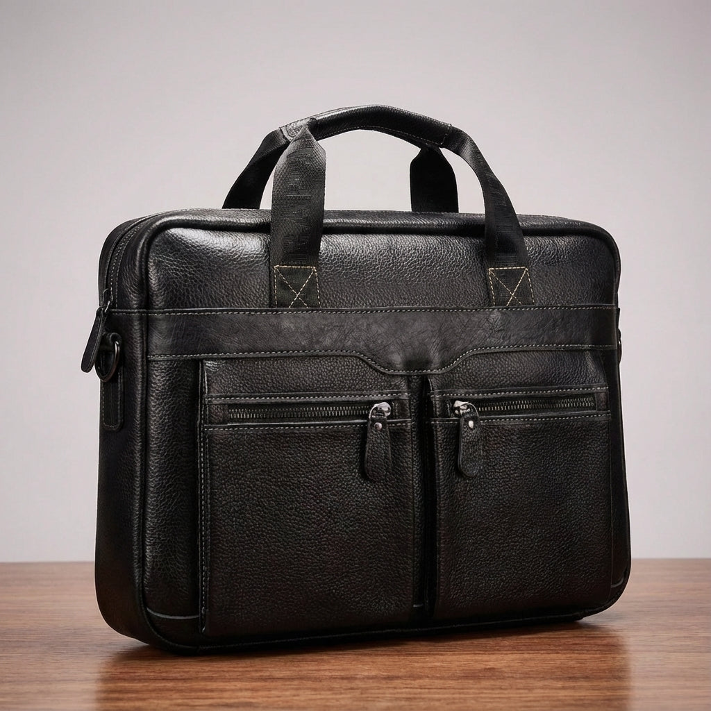 Säker och stilfull UrbanSling laptopväska i äkta läder. En pålitlig arbetsväska för daglig användning.