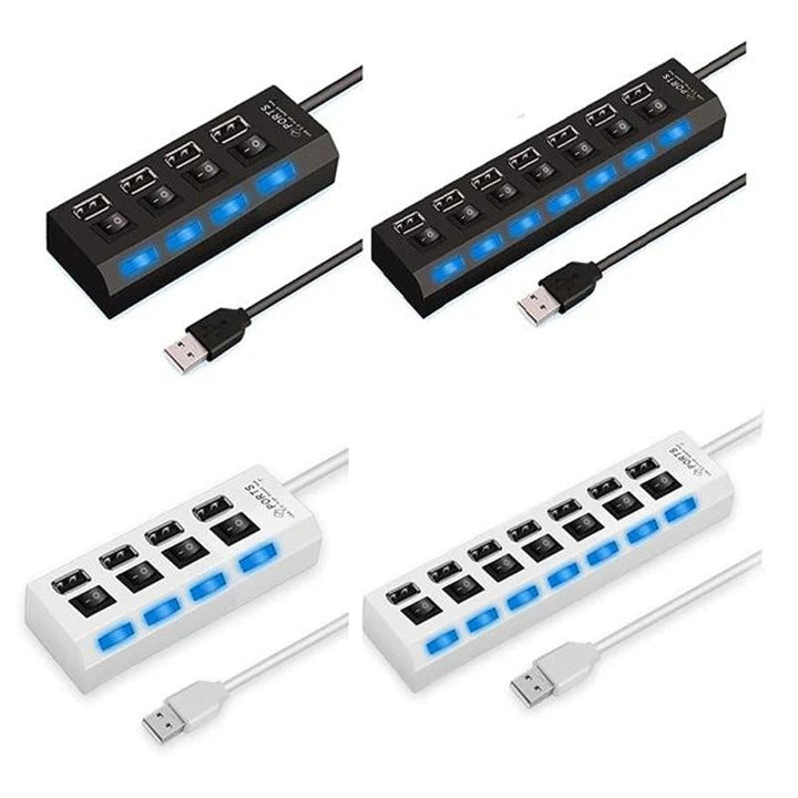 "Elegant USB-hub med 4 höghastighetsportar och individuella omkopplare, kompakt design och lysdiodindikatorer"