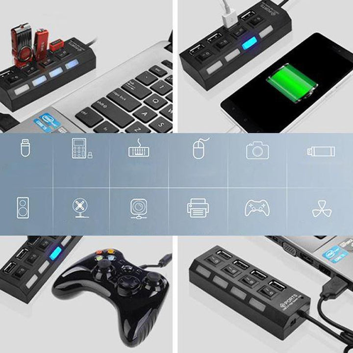 "Elegant USB-hub med 4 höghastighetsportar och individuella omkopplare, kompakt design och lysdiodindikatorer"