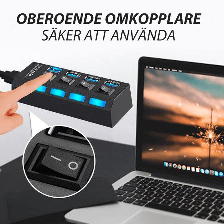 "Elegant USB-hub med 4 höghastighetsportar och individuella omkopplare, kompakt design och lysdiodindikatorer"