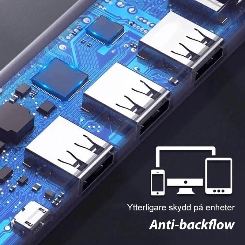 "Elegant USB-hub med 4 höghastighetsportar och individuella omkopplare, kompakt design och lysdiodindikatorer"