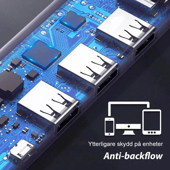 "Elegant USB-hub med 4 höghastighetsportar och individuella omkopplare, kompakt design och lysdiodindikatorer"