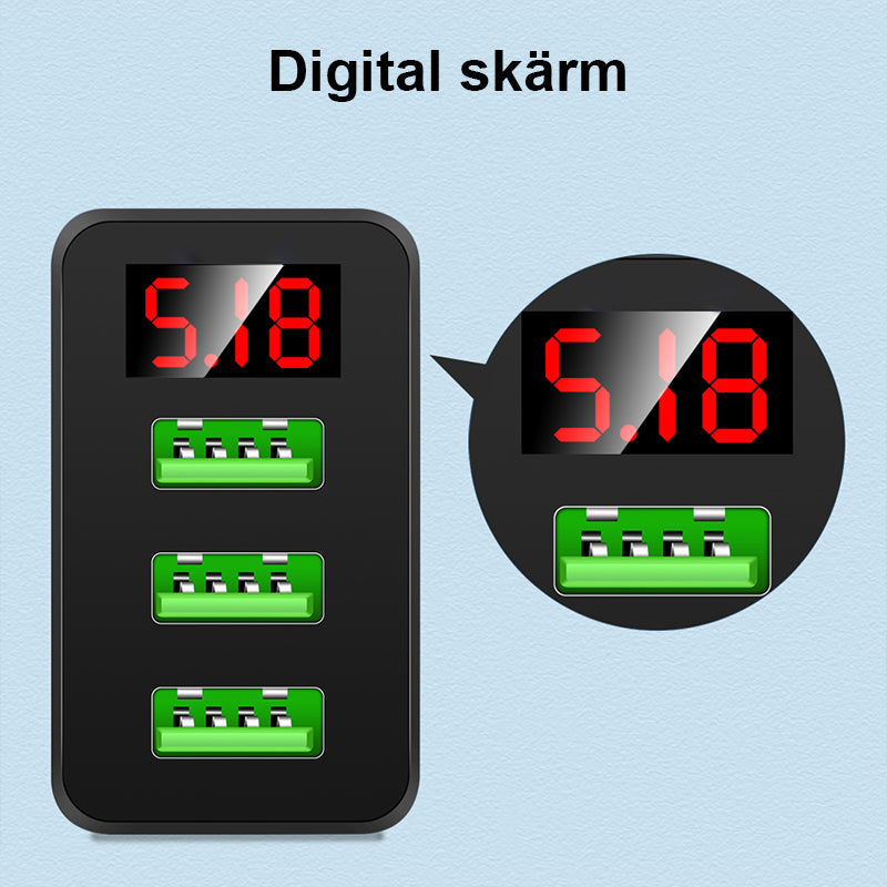 "Elegant USB-laddare med digital display framifrån, tre portar för snabb och effektiv laddning av flera enheter."