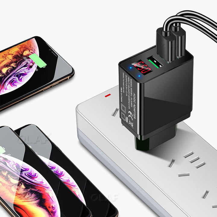 "Elegant USB-laddare med digital display framifrån, tre portar för snabb och effektiv laddning av flera enheter."