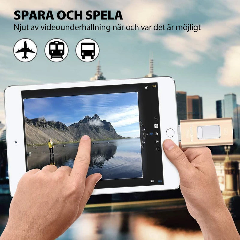 "Elegant USB-minne, kompatibelt med iPhone, iPad, Android. Snabb överföring via USB 3.0, flera färger och storlekar."
