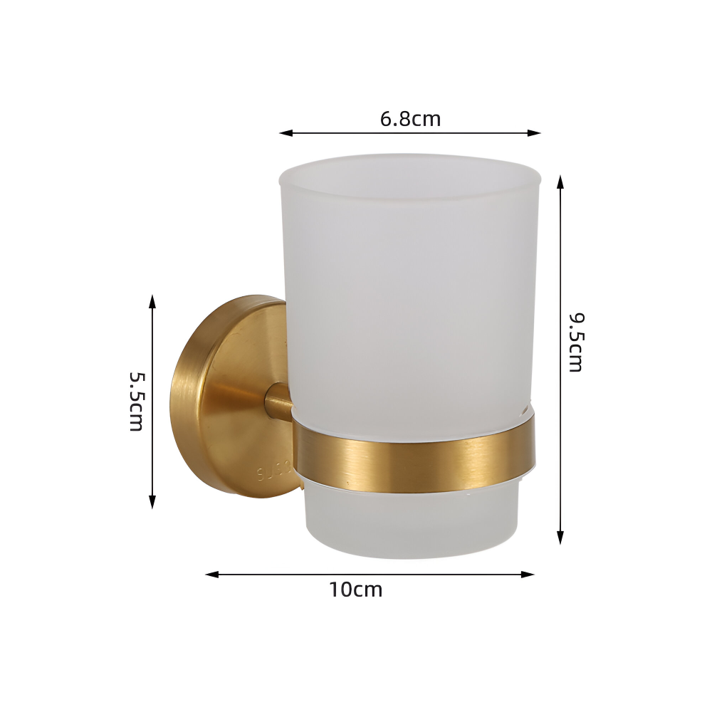 Modern toalettborsthållare i borstad guld, kombinerar hygien med elegant design.
